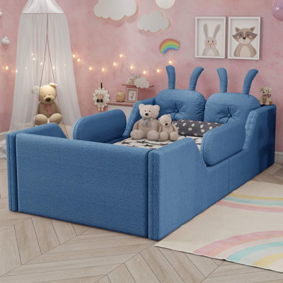 Twin Size Kids Upholstered Floor Bed With Bunny Cushions, Soft Teddy Fabric Platform Bed With Removable Safety Rails