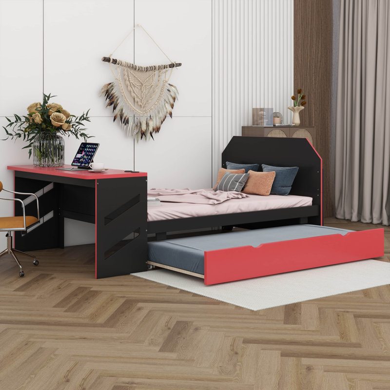 Full Size Wood Daybed With Twin Size Trundle, Built-In Desk, USB Charging Ports, Gaming Style Multifunctional Bed For Teens
