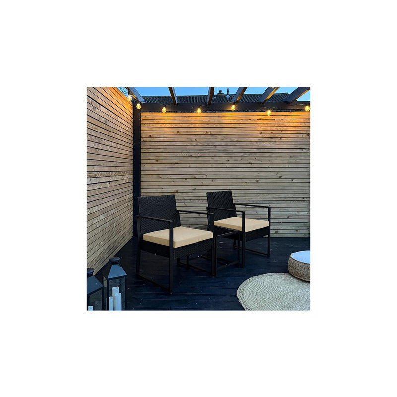 Rattan Bistro Set – Indoor/Outdoor Wicker With 2 Chairs And Tempered Glass Table, Black/Khaki