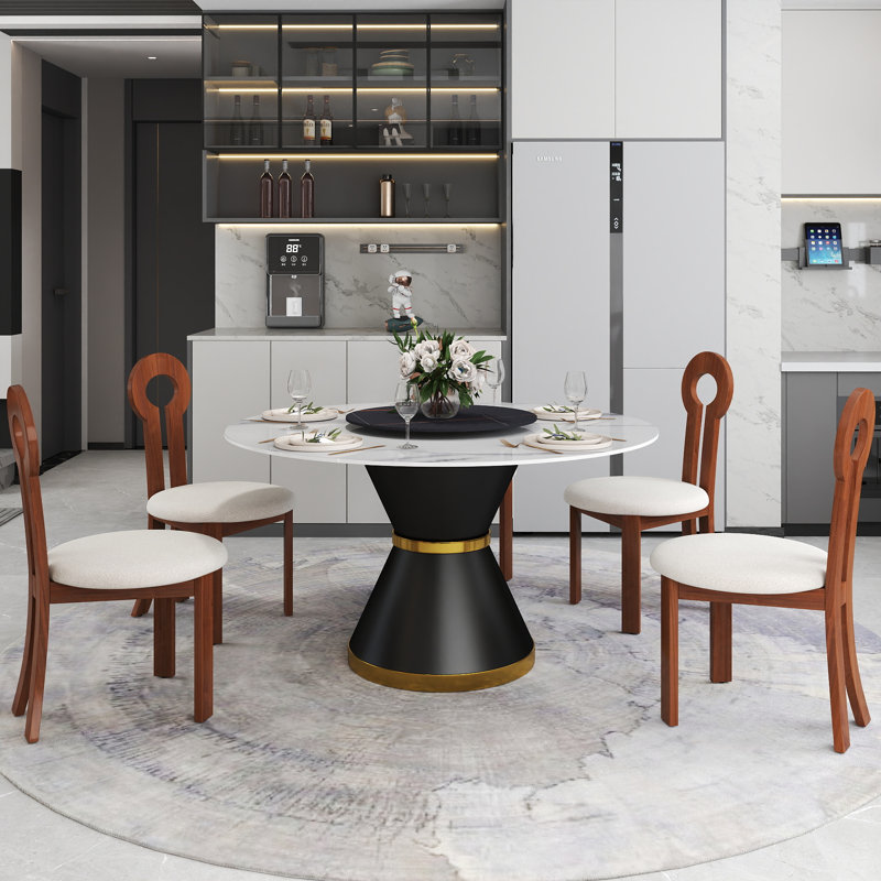 6 Seat Modern Round Sintered Stone Dining Table With Rotating Tray,modern Key-shaped Dining Chairs, White/Black