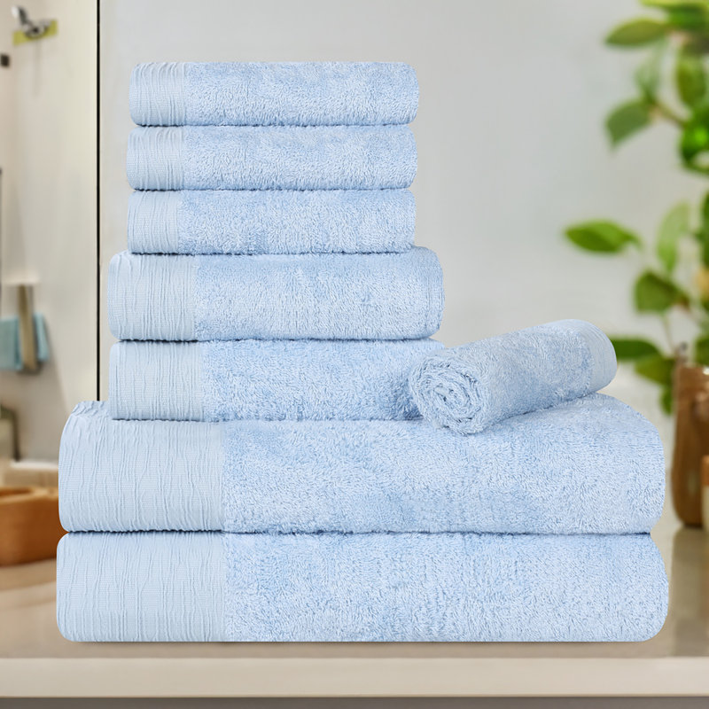 Ensemble de serviettes en rayonne de bambou et en coton mélangé hypoallergénique, Bleu clair, Ensemble de serviettes 8 pièces