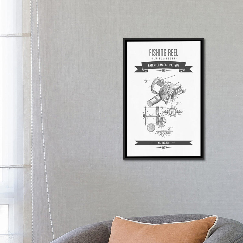 " G.W. Blackburn Fishing Reel Patent Sketch Retro (Charcoal) " by Aged Pixel, 60" H x 40" W x 1.5" D, Black Framed Canvas