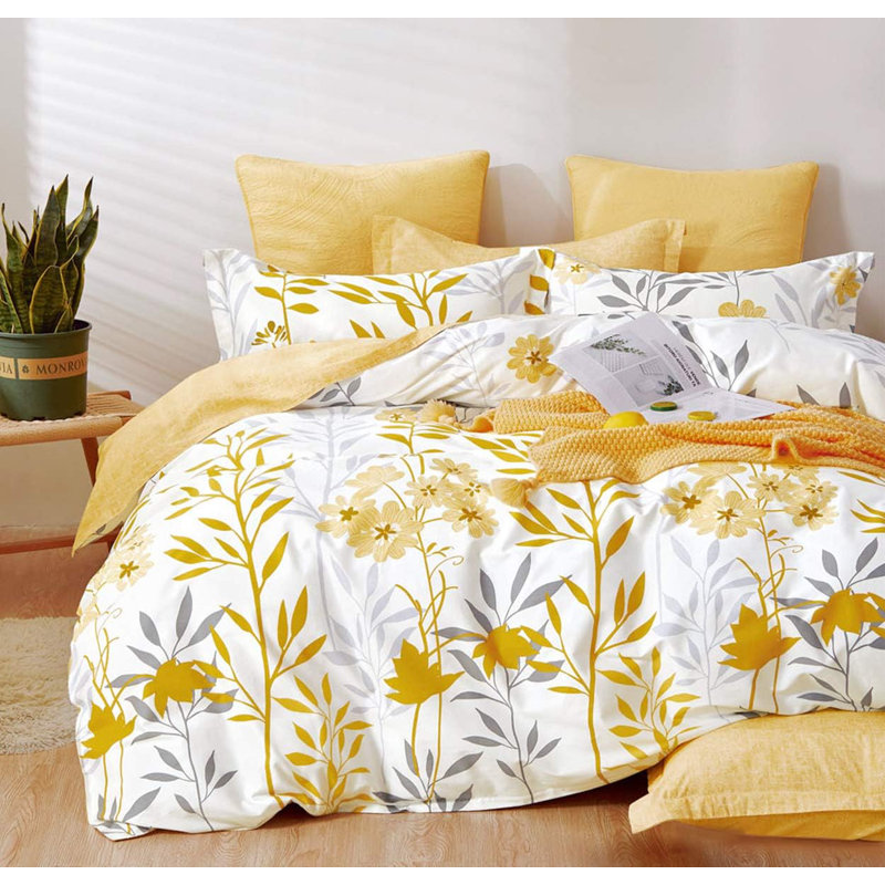 SLEEPBELLA Duvet Cover Queen Size, 600 Thread Count Cotton Grey Branches And Yellow Flower Reversible Comforter Cover