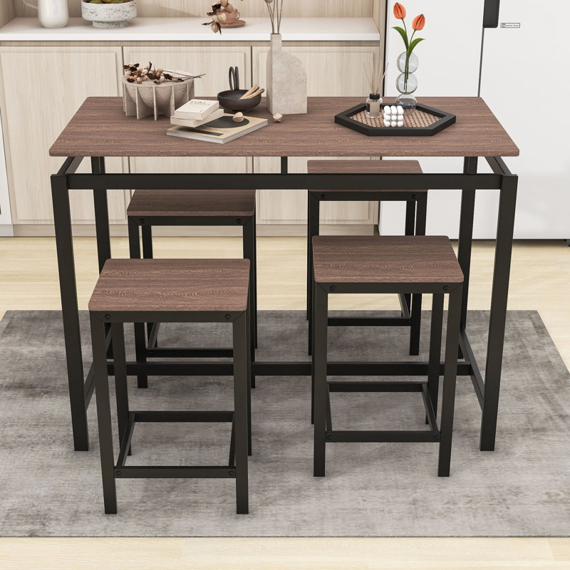 Galey Modern 5-Piece Dining Set, Dining Table with Steel Base and Nesting Stools, Dark Brown