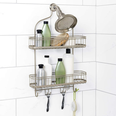 Home Shower Caddy – Satin Nickel – Modern Steel Shower Rack With 2 Extra-Wide Shelves & Built-In Hooks