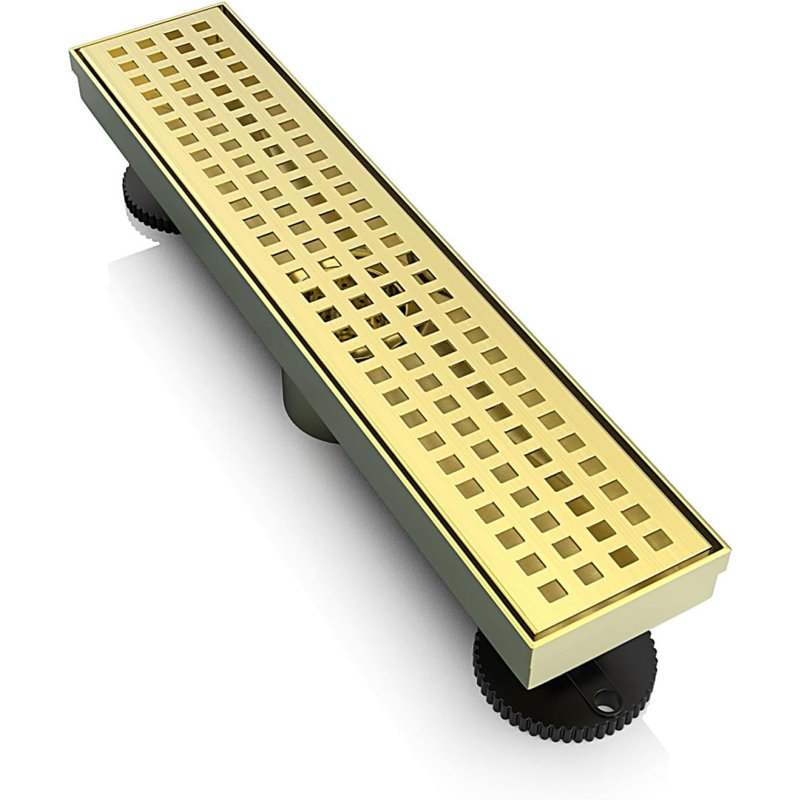 12-inch Linear Shower Drain, Square Hole Pattern Grate, Brushed Gold
