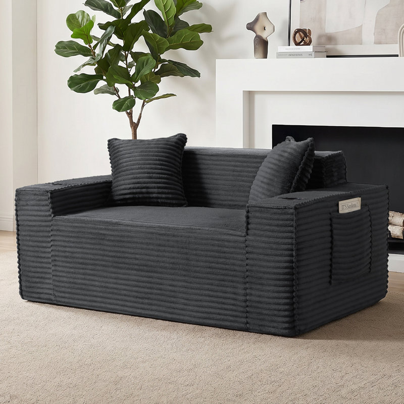 Causeuse surdimensionnée en mousse de 61 po avec oreillers et canapé en velours côtelé de compression Boneless, Gris foncé