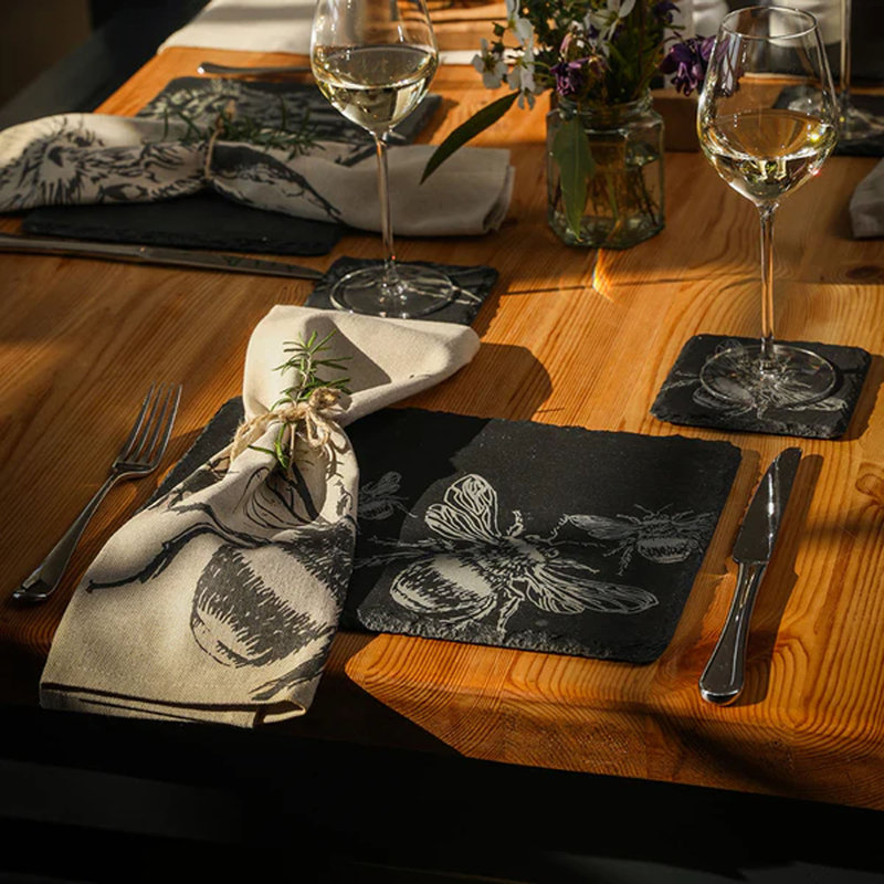 4 Square Slate Coasters with Bee Design