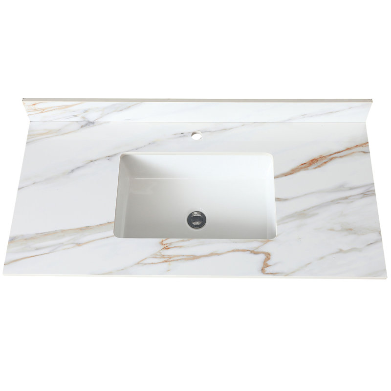 Dessus de meuble-lavabo de salle de bain 43 po - marbre blanc avec veines envoûtantes, lavabo encastré rectangulaire, dosseret de 4 po, trou de robinet pré-percé, convient aux armoires de 42 po x 21 po, correspond aux l 42 po x P 21 po
