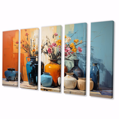 "Blue Italian Pottery Expressions - Boho Pottery", art mural 5 pièces