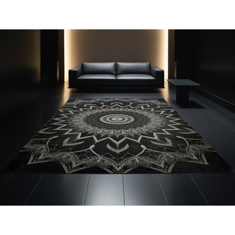 Machine Washable Penola Global Inspired Geometric Rug in Brown – Black Binding, 6' Round