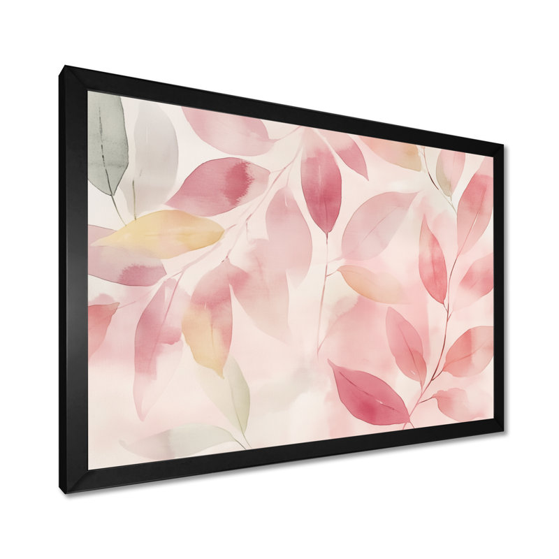 Feuilles roses et vertes blush II - Tableau botanique abstrait encadré, H 12 po x l 20 po, Black Picture Framed