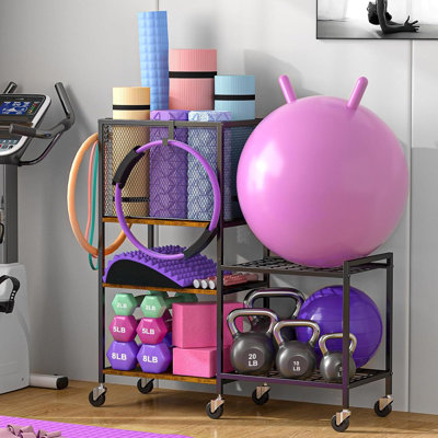 5 Tier Dumbbell Rack, Yoga Mat Storage Rack, Home Gym Storage Rack, Workout Equipment Storage Organizer, Weight Storage Holder Rack With Hooks And Wheels
