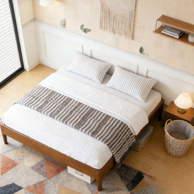 Structure de lit plateforme en bois de bambou massif, Lit double, Brun
