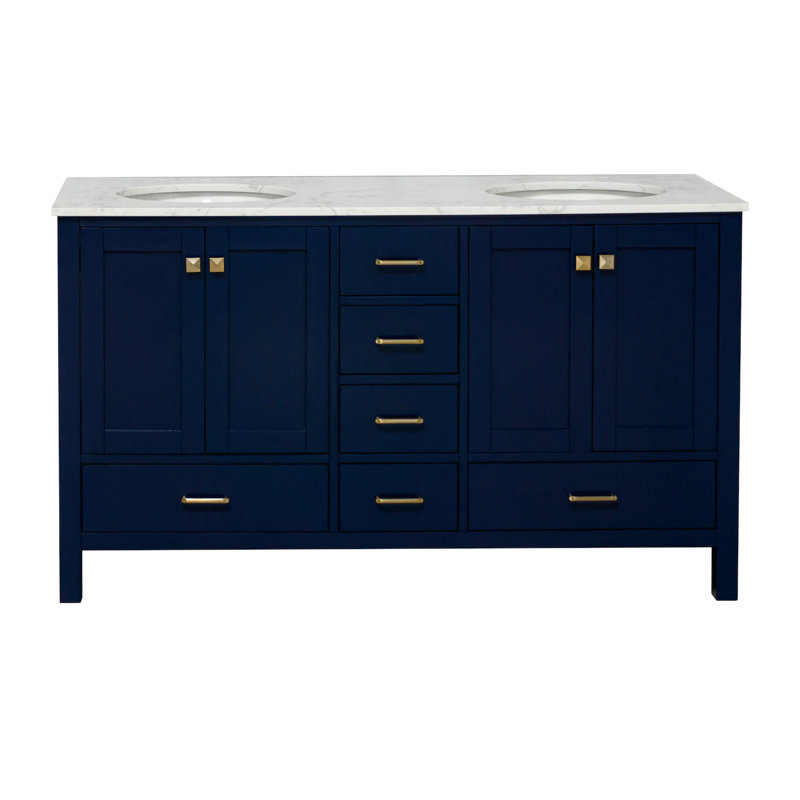 Ensemble de meuble-lavabo double 60 po Claudett, Bleu royal, Carrara d'ingénierie