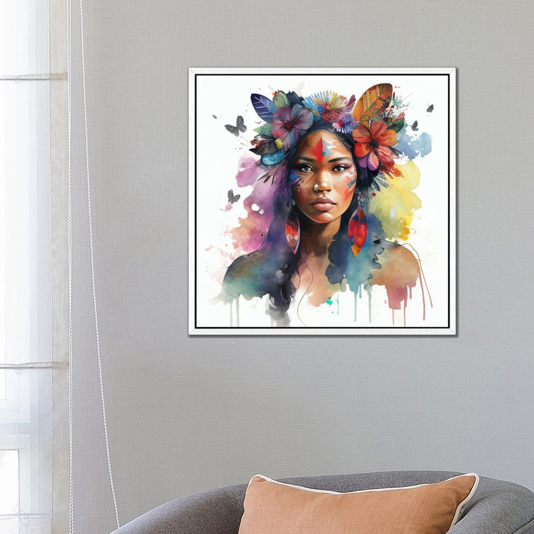 Watercolor Floral Indian Native Woman I von Chromatic Fusion Studio - Gallery-Wrapped Canvas Giclée on Canvas