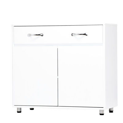 Table d'appoint à deux portes - Blanc: polyvalente pour diverses pièces. Peinture et E1 Degree. Apparence simple et élégante. Assemblage requis. Coffre-fort avec pieds en acier et coussins en caoutchouc. Coin rond à bord lisse