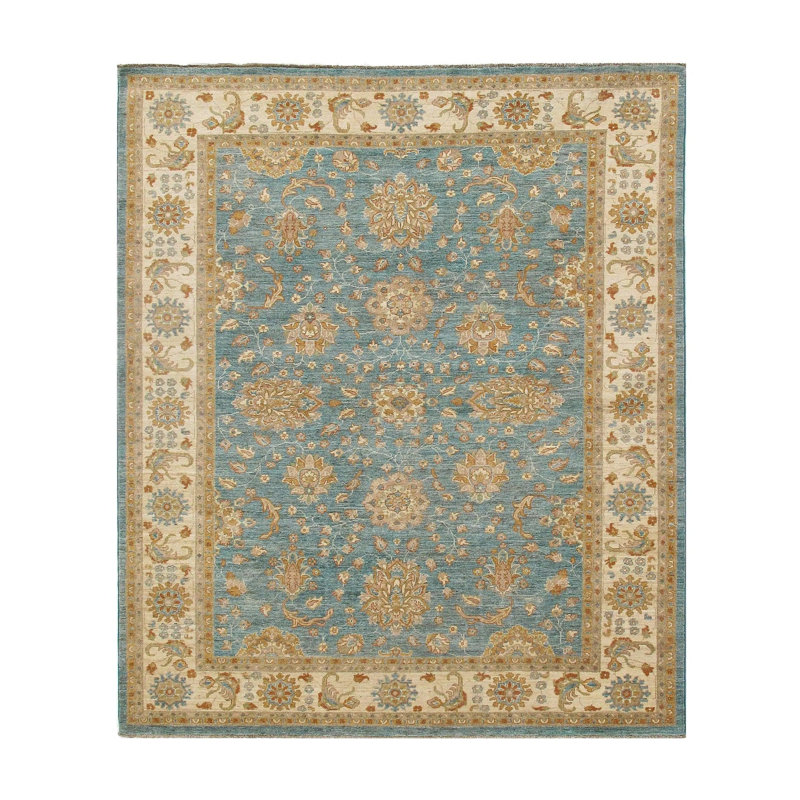 Tapis oriental jaune / bleu clair en laine noué à la main 8 pi 1 po x 9 pi 9 po Oriental