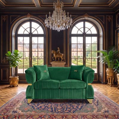 Causeuse moderne de 61,8 po avec 2 coussins, garniture dorée, pieds fuselés et accoudoirs courbés pour le salon, la chambre à coucher, l’appartement