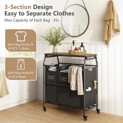 3‑Section Rolling Laundry Sorter Hamper with Ironing Board, Black, Lockable Wheels, Heavy‑Duty Clothes Separator with Removable Bags
