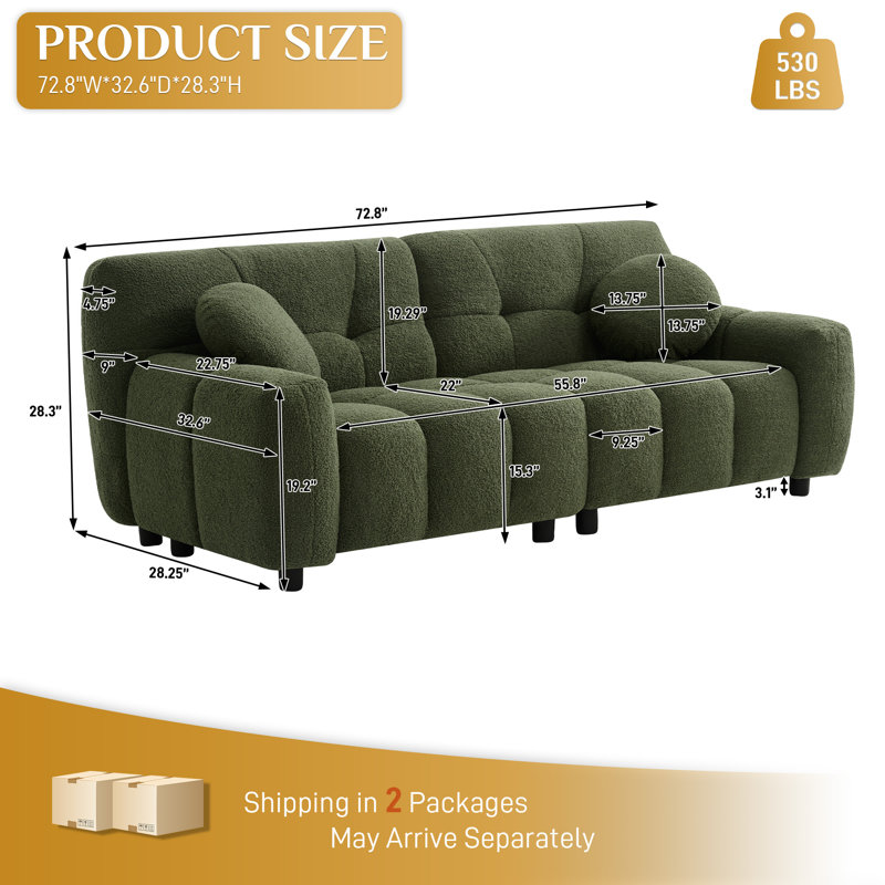 73'' Tufted Sofa Couch Plush Loveseat Sofa, Green