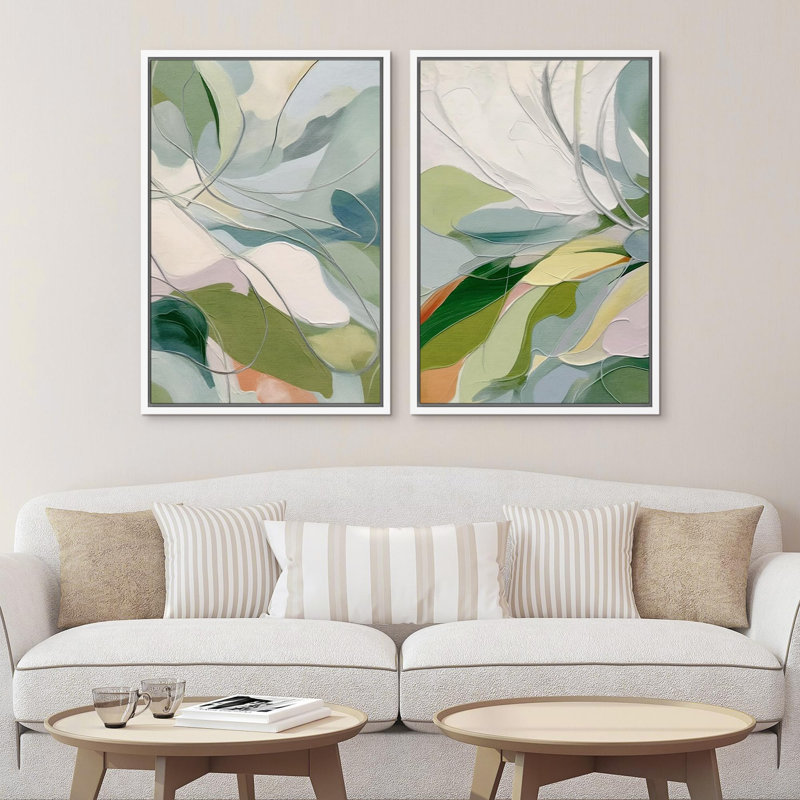 Green Calm Relax Abstract Floral Botanical - Framed Canvas Master Bedroom Wall Art 2 Pieces Print, 24" H x 16" W, White