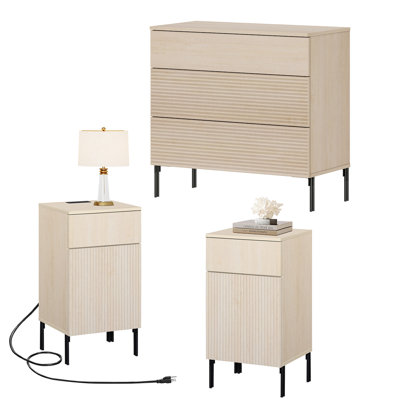  3-Piece Bedroom Set, 1 Three-Drawer Dresser & 2 Nightstands with Charging Stations, Fluted Wood Bedroom Storage Set with Metal Legs, Modern Bedroom Suite