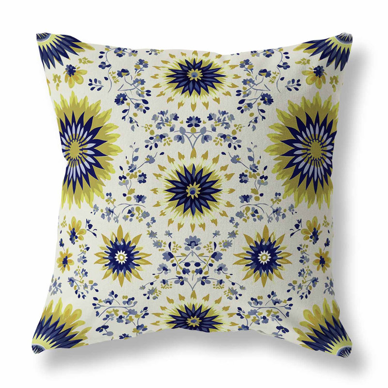 Delightful Dandelions Reversible Throw Pillow, Blue/Olive Floral/Geometric, 16"H x 16"W