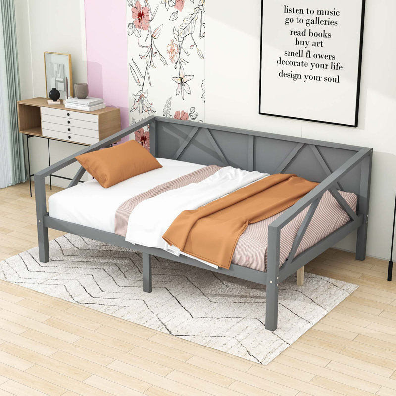 Lit de jour en bois avec espace de rangement supplémentaire, Lit double, Gris