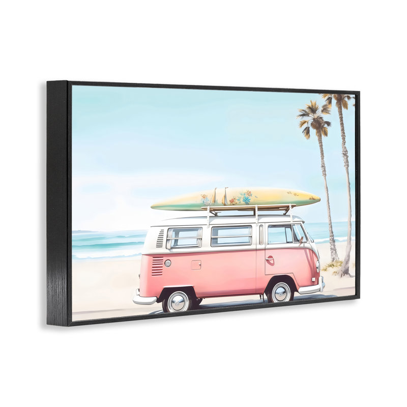 «Pink Bus on Tropical Shores», estampe numérique, design par Arlington Prints, H 12 po x l 18 po, Giclée encadrée noir minuit