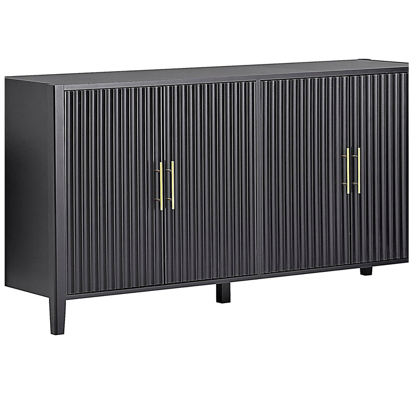 Table d'appoint U_Style de 63,1 po à 4 bandes verticales ondulées avec armoire de rangement élégante, pieds en bois massif peint, poignées en métal, convient au restaurant, au salon, à la cuisine ou au vestibule (noir)