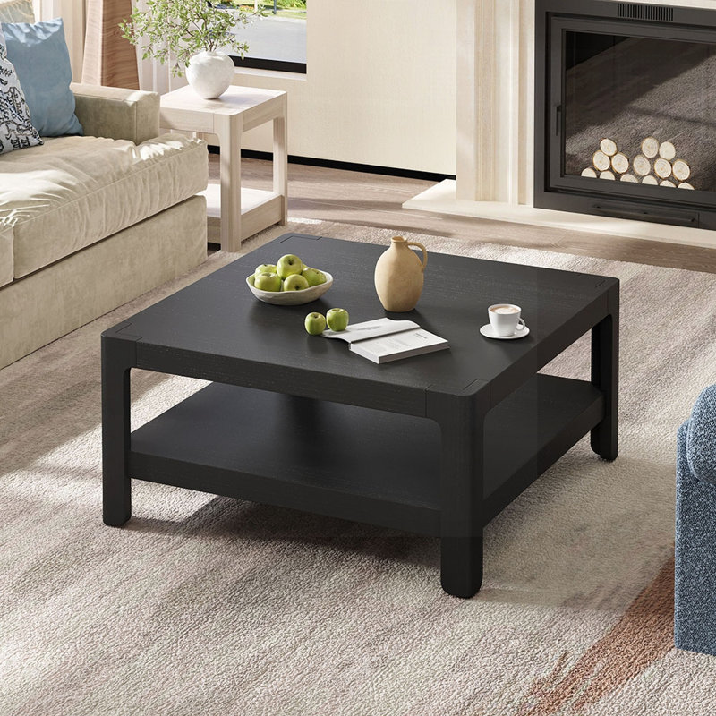 Table basse Modern Farmhouse avec profil arrondi doux, pour le salon et le salon, finition grain de bois naturel, Noir