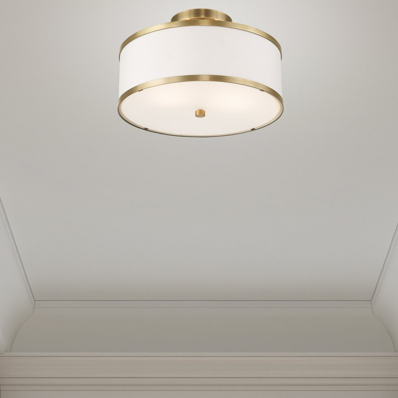 Plafonnier semi-encastré 2 lumières 13 po Berthine, Blanc cassé, Laiton antique, H 8 po x l 13 po x P 13 po
