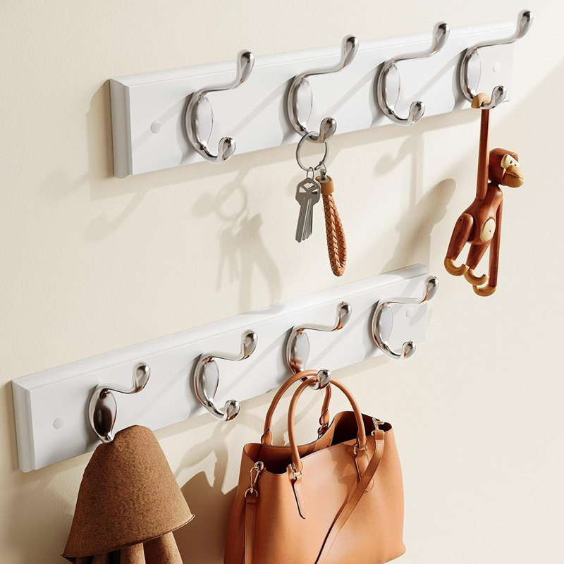 Lot de 2 porte-manteaux muraux blancs avec 8 crochets, organisateur suspendu en MDF pour manteaux, chapeaux, sacs, serviettes, clés et accessoires