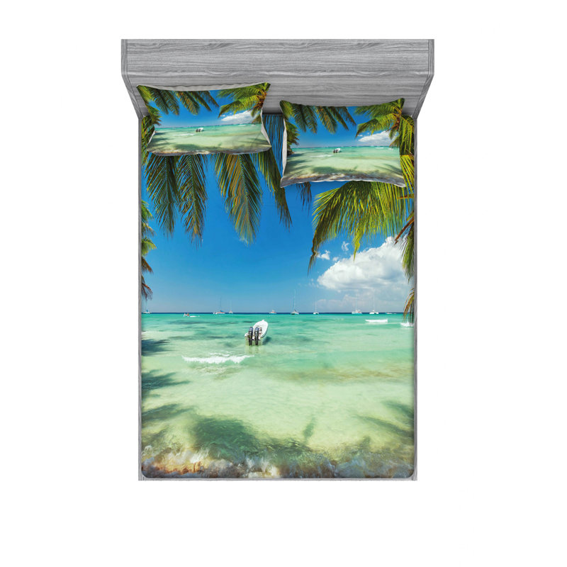 Ensemble de draps à motif de mer surréaliste entourée de palmiers, Ensemble de draps pour lit double avec un drap-hou