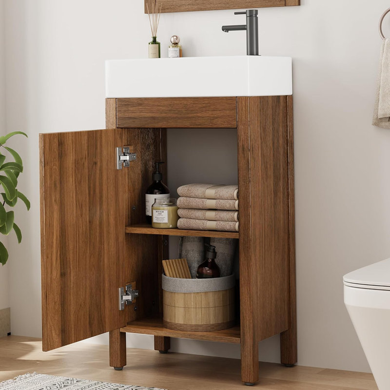 16 meubles de salle de bain autoportants avec lavabo et armoire de salle de bain, Walnut
