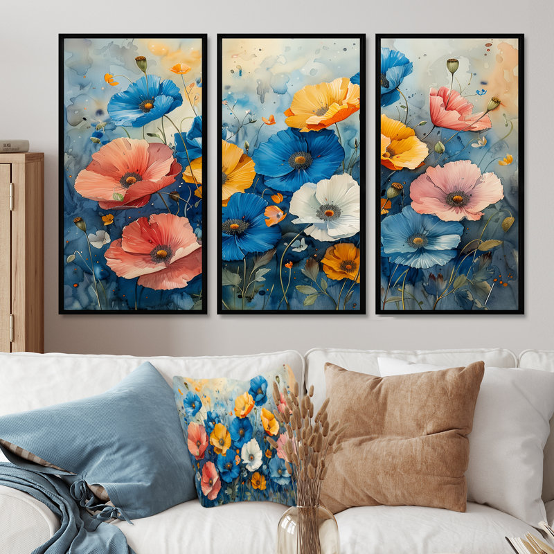 Stockport - ensemble d'art mural coquelicots, H 28 po x l 36 po x P 1 po, Toile avec cadre flottant noir