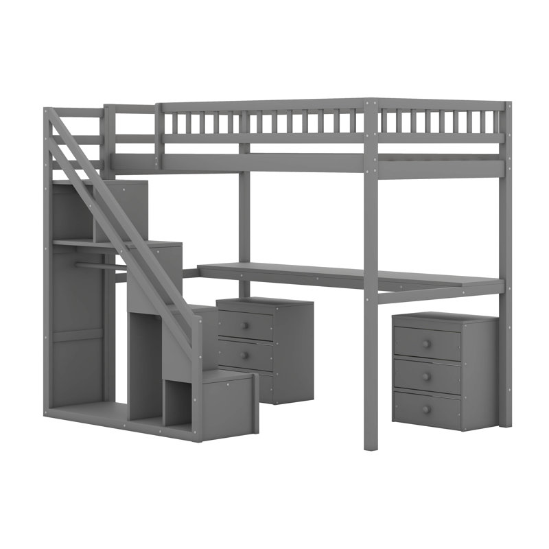  Lit mezzanine avec deux commodes, bureau et bande lumineuse, gris, Lit simple