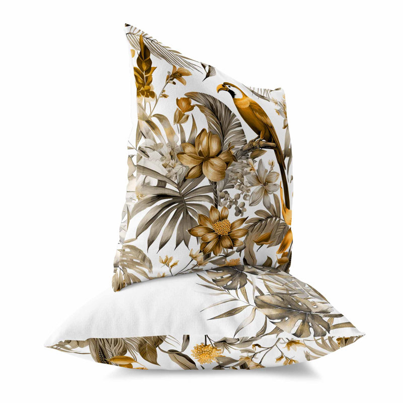 Coussin décoratif réversible d'intérieur / extérieur Leafy Lyricist, H 20 po x l 20 po, Floral, blanc et or