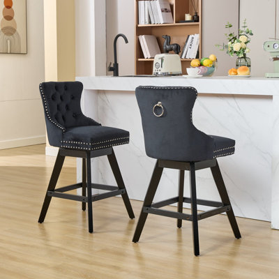 Swivel Velvet Barstools with Button Tufted Decoration and Wooden Legs, and Chrome Nailhead Trim, Leisure Style Bar Chairs,Bar stools, Set of 2 (Black)