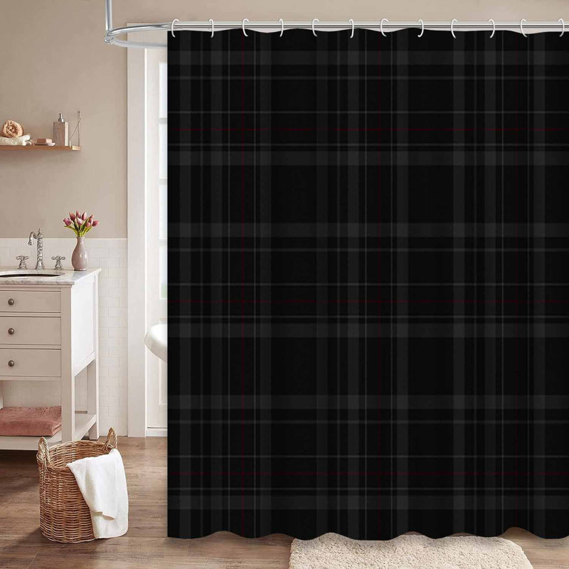 Rideau de douche en tissu écossais noir et blanc avec 12 crochets Tartan, L 72 po x l 78 po
