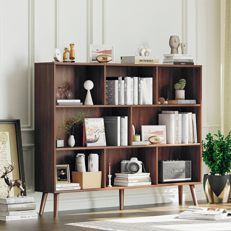 Jaen Solid and Manufactured Wood Cube Bookcase, (8 Shelves) 42.5" H x 55.1" W x 9.4" D, Columbia Walnut