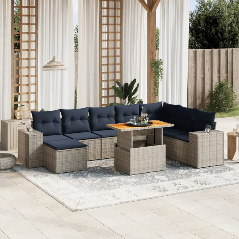  Ensemble de canapé de patio 9 pièces avec coussins en rotin de polyester, Gris, Bleu