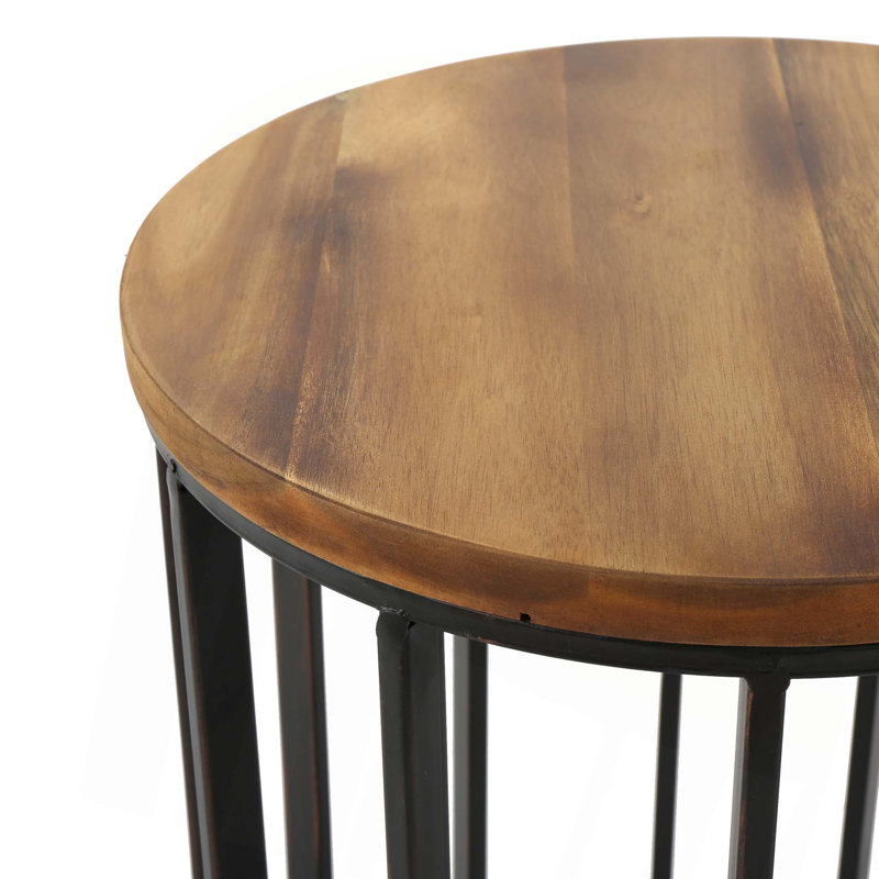 Table d'appoint d'extérieur cylindrique avec plateau rond en bois massif et structure en métal, table d'appoint naturelle de 15 po
