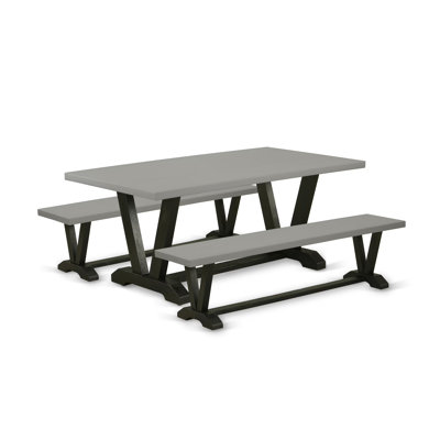 Ensemble de table de salle à manger 3 pièces composé d'une table de salle à manger et de 2 petits bancs - Plateau de table en ciment et finition noire brossée