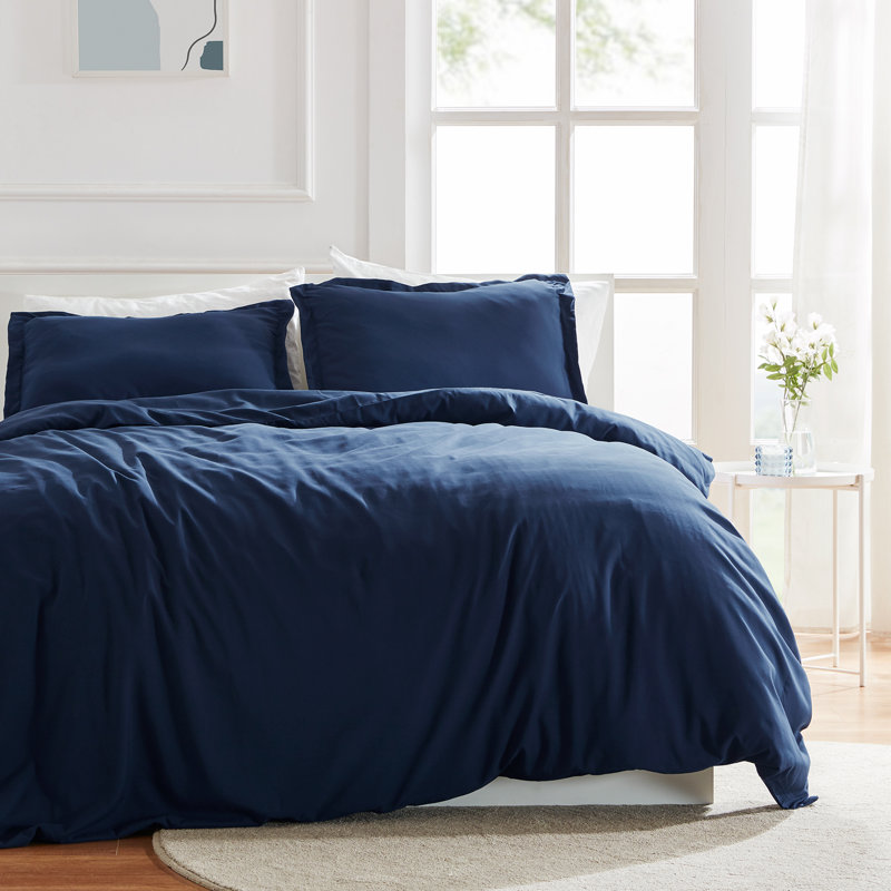 Solid Microfiber Duvet Cover Set - Simple Style Bedding Set For All Season, King Duvet Cover + 2 King Shams, Navy Blue