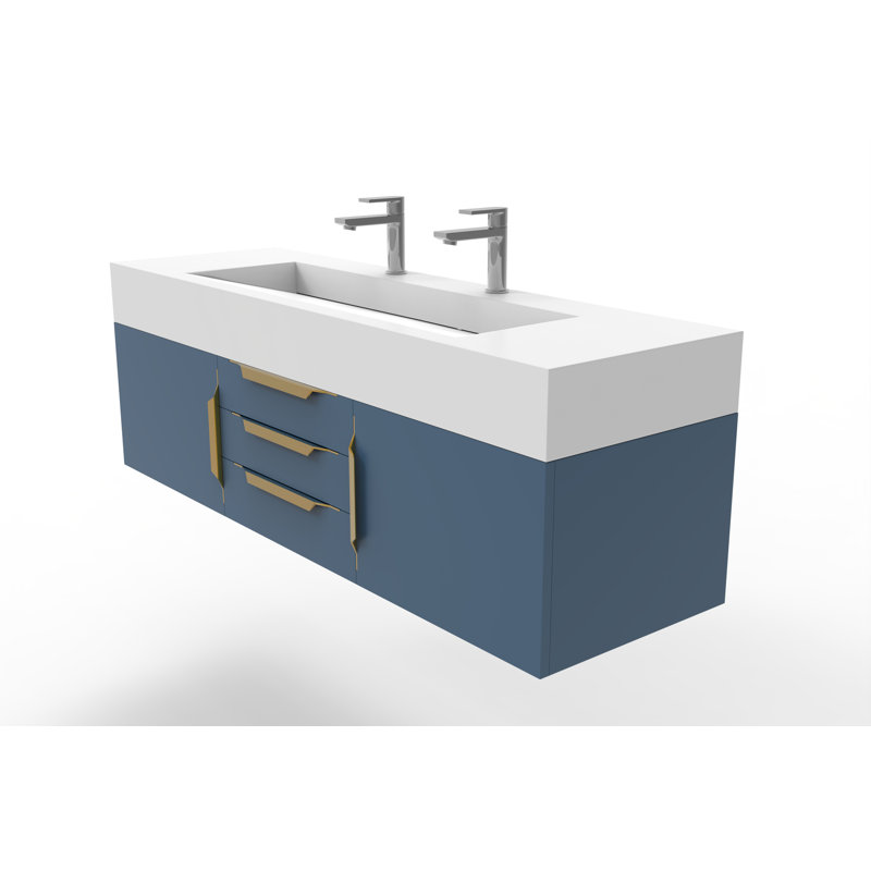 Ensemble de meuble-lavabo simple 60 po Nile, Blanc, Bleu, Or