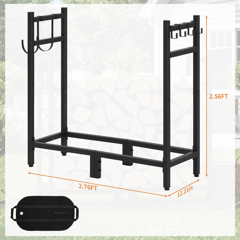 Support à bois de chauffage de 2,7 pi avec fourre-tout, support à bûches ajustable robuste, organisateur de rangement intérieur et extérieur pour foyer, patio, camping, noir