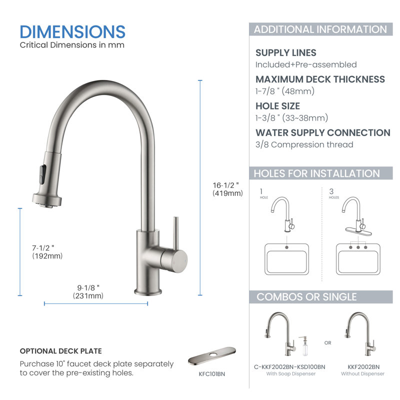 KIBI Casa Pull Down Kitchen Faucet, Brushed Nickel, With Soap Dispenser