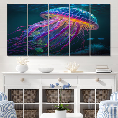 Radiant Colorful Deep Sea Jellyfish I - méduse salon d'art mural - 5 panneaux égaux